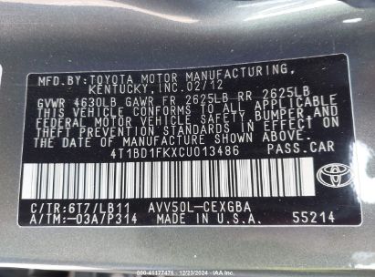 Lot #3053065652 2012 TOYOTA CAMRY HYBRID XLE