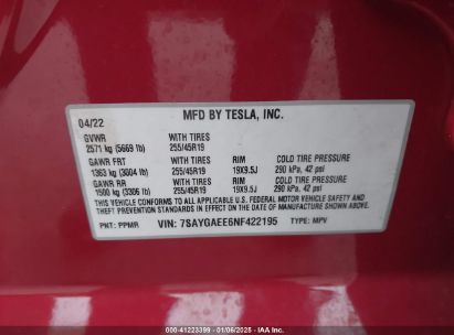 Lot #3057071954 2022 TESLA MODEL Y LONG RANGE DUAL MOTOR ALL-WHEEL DRIVE