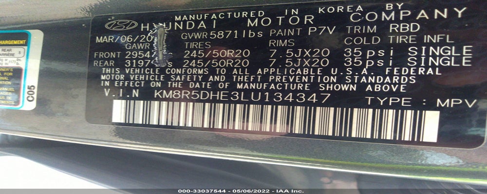KM8R5DHE3LU134347 2020 HYUNDAI PALISADE photo no. 9