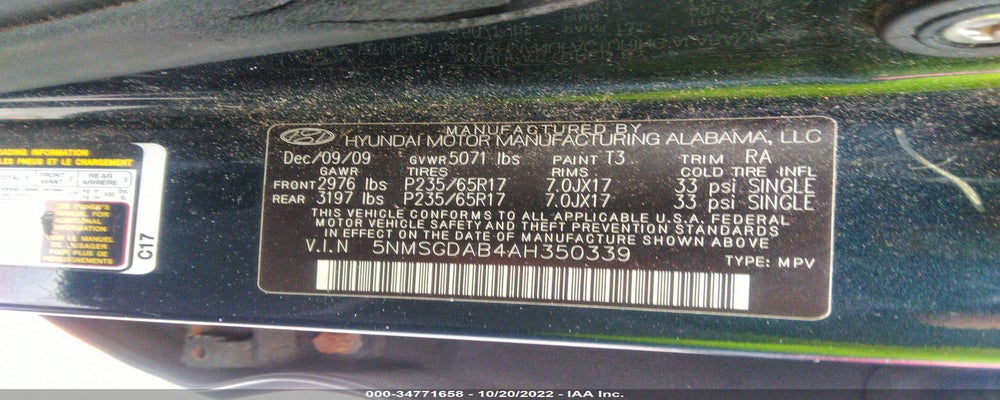 5NMSGDAB4AH350339 2010 HYUNDAI SANTA FE photo no. 9