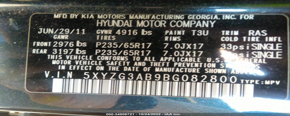 5XYZG3AB9BG082800 2011 HYUNDAI SANTA FE photo no. 9