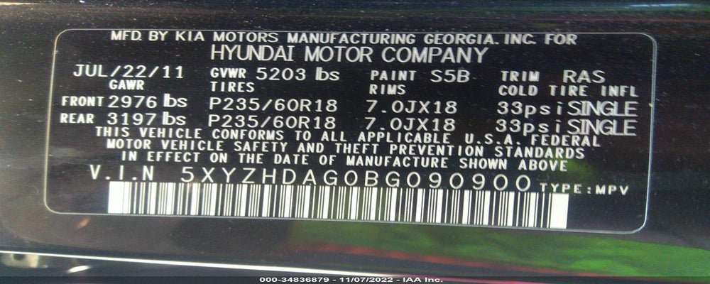 5XYZHDAG0BG090900 2011 HYUNDAI SANTA FE photo no. 9