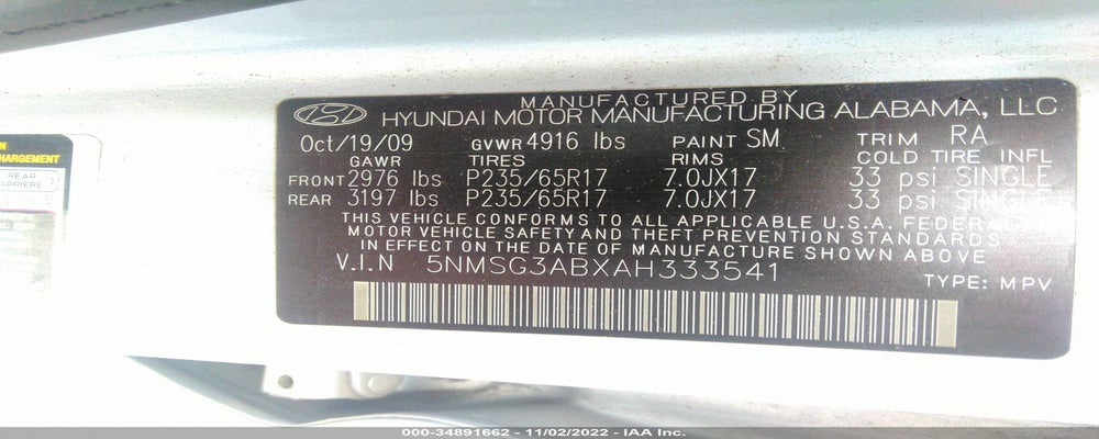 5NMSG3ABXAH333541 2010 HYUNDAI SANTA FE photo no. 9
