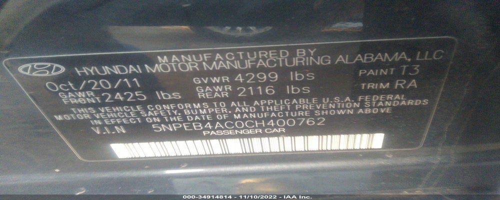 5NPEB4AC0CH400762 2012 HYUNDAI SONATA photo no. 9