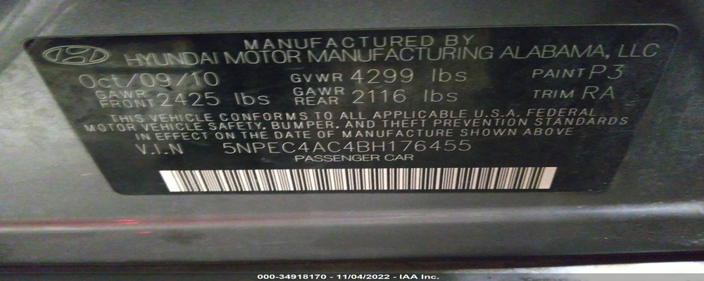 5NPEC4AC4BH176455 2011 HYUNDAI SONATA photo no. 9