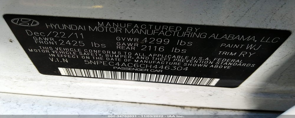 5NPEC4AC6CH446304 2012 HYUNDAI SONATA photo no. 9