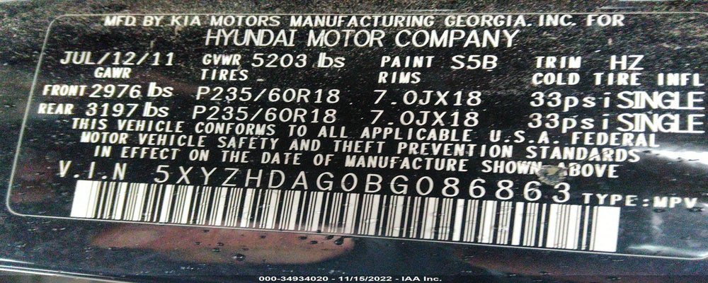5XYZHDAG0BG086863 2011 HYUNDAI SANTA FE photo no. 9