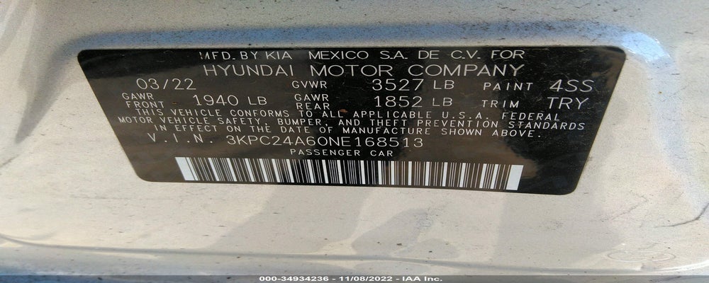 3KPC24A60NE168513 2022 HYUNDAI ACCENT photo no. 9