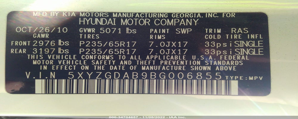 5XYZGDAB9BG006855 2011 HYUNDAI SANTA FE photo no. 9