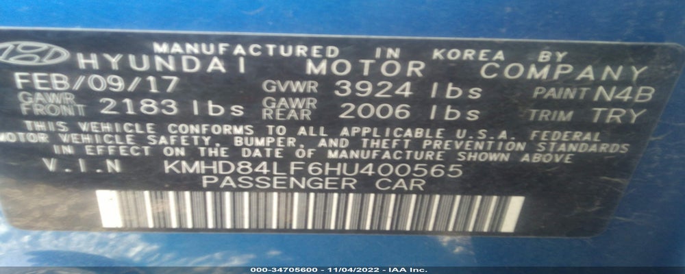 KMHD84LF6HU400565 2017 HYUNDAI ELANTRA photo no. 9