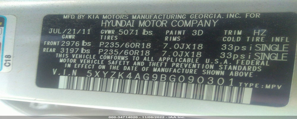 5XYZK4AG9BG090301 2011 HYUNDAI SANTA FE photo no. 9
