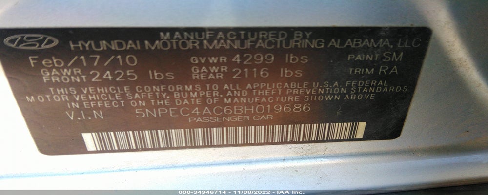 5NPEC4AC6BH019686 2011 HYUNDAI SONATA photo no. 9