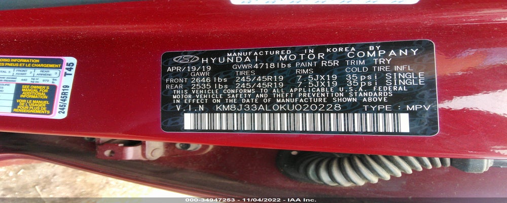 KM8J33AL0KU020228 2019 HYUNDAI TUCSON photo no. 9