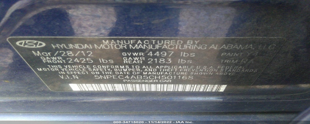 5NPEC4AB5CH501168 2012 HYUNDAI SONATA photo no. 9
