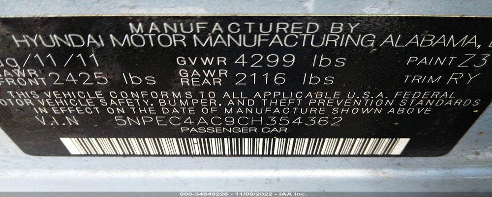 5NPEC4AC9CH354362 2012 HYUNDAI SONATA photo no. 9