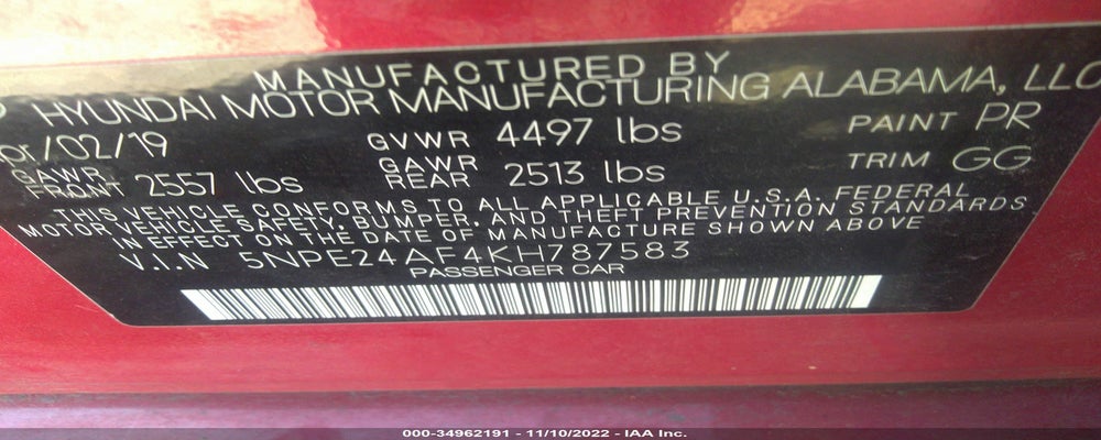 5NPE24AF4KH787583 2019 HYUNDAI SONATA photo no. 9