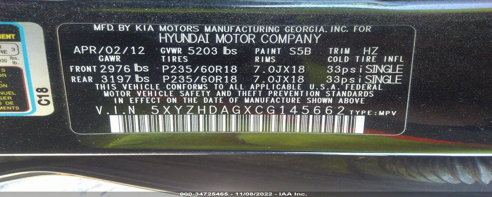 5XYZHDAGXCG145662 2012 HYUNDAI SANTA FE photo no. 9