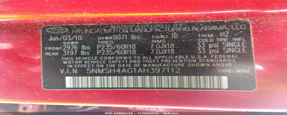 5NMSH4AG1AH397112 2010 HYUNDAI SANTA FE photo no. 9