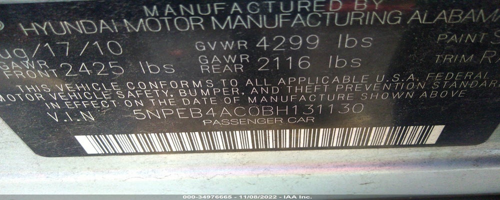 5NPEB4AC0BH131130 2011 HYUNDAI SONATA photo no. 9