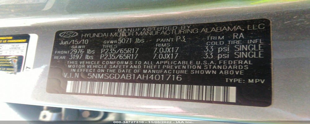 5NMSGDAB1AH401716 2010 HYUNDAI SANTA FE photo no. 9