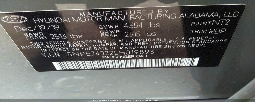 5NPEJ4J22LH019893 2020 HYUNDAI SONATA photo no. 9
