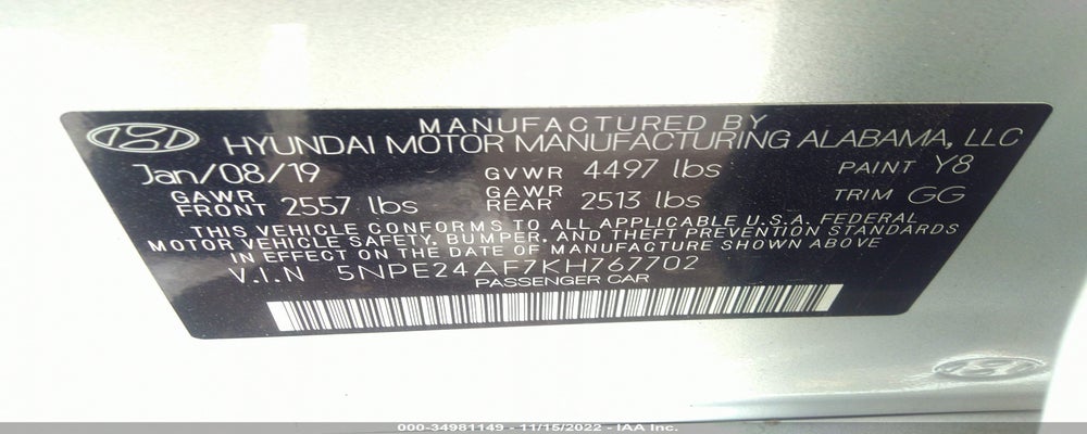 5NPE24AF7KH767702 2019 HYUNDAI SONATA photo no. 9