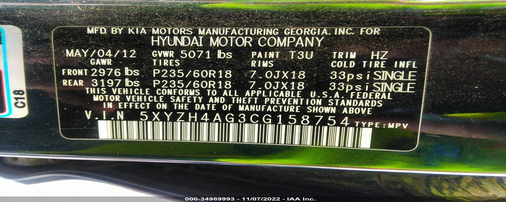 5XYZH4AG3CG158754 2012 HYUNDAI SANTA FE photo no. 9