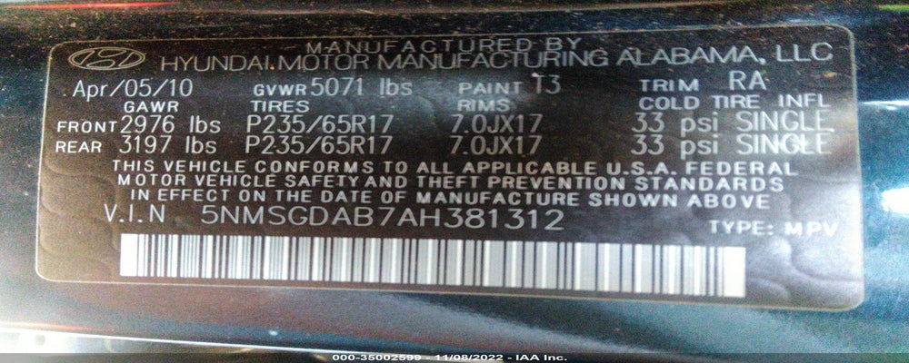 5NMSGDAB7AH381312 2010 HYUNDAI SANTA FE photo no. 9