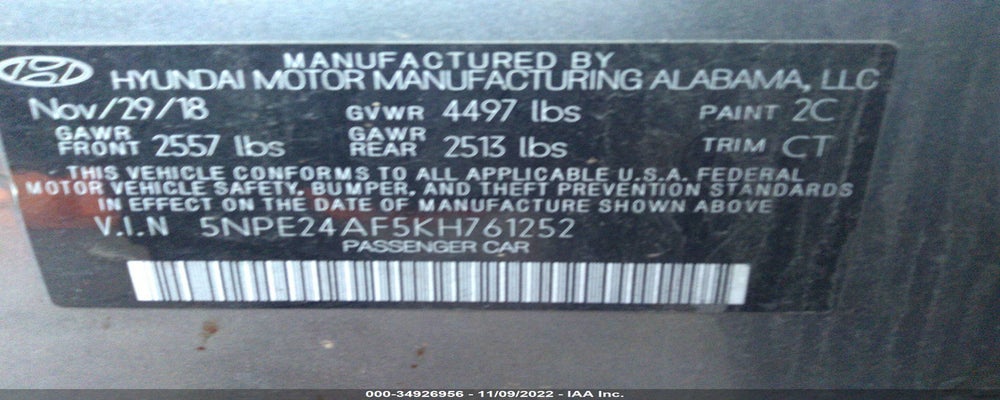 5NPE24AF5KH761252 2019 HYUNDAI SONATA photo no. 9