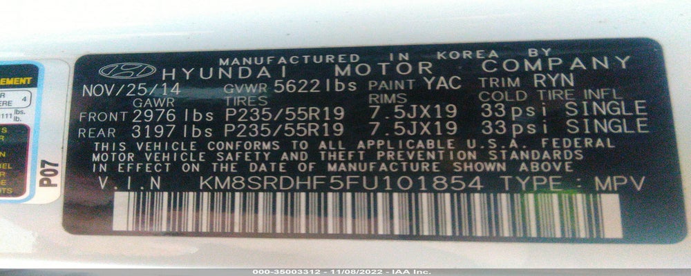 KM8SRDHF5FU101854 2015 HYUNDAI SANTA FE photo no. 9