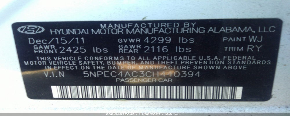 5NPEC4AC3CH440394 2012 HYUNDAI SONATA photo no. 9