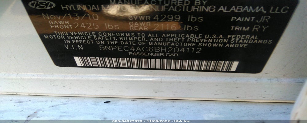 5NPEC4AC6BH204112 2011 HYUNDAI SONATA photo no. 9