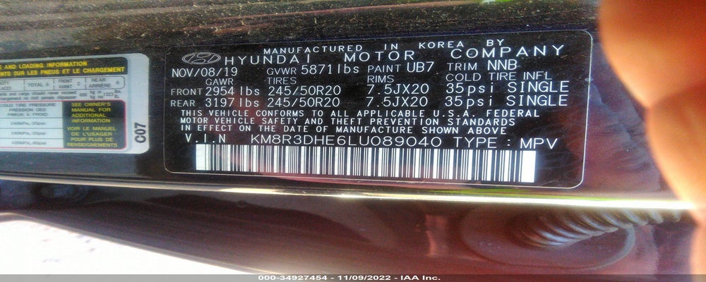KM8R3DHE6LU089040 2020 HYUNDAI PALISADE photo no. 9