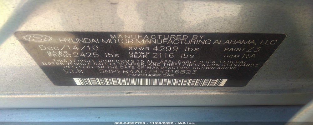 5NPEB4AC7BH216823 2011 HYUNDAI SONATA photo no. 9