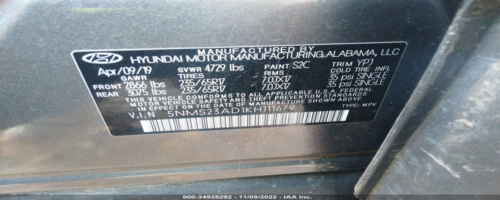 5NMS23AD1KH111679 2019 HYUNDAI SANTA FE photo no. 9