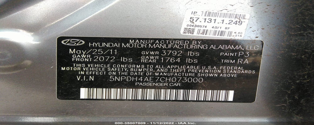 5NPDH4AE7CH073000 2012 HYUNDAI ELANTRA photo no. 9