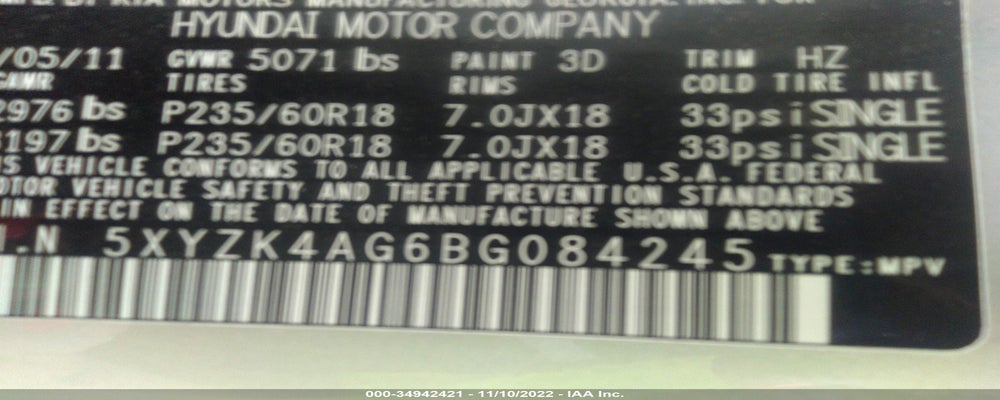 5XYZK4AG6BG084245 2011 HYUNDAI SANTA FE photo no. 9