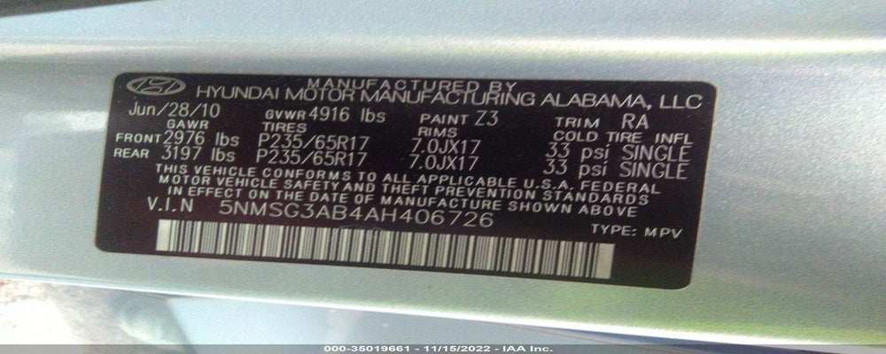5NMSG3AB4AH406726 2010 HYUNDAI SANTA FE photo no. 9