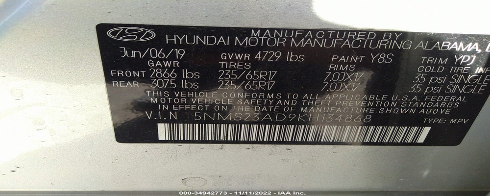 5NMS23AD9KH134868 2019 HYUNDAI SANTA FE photo no. 9
