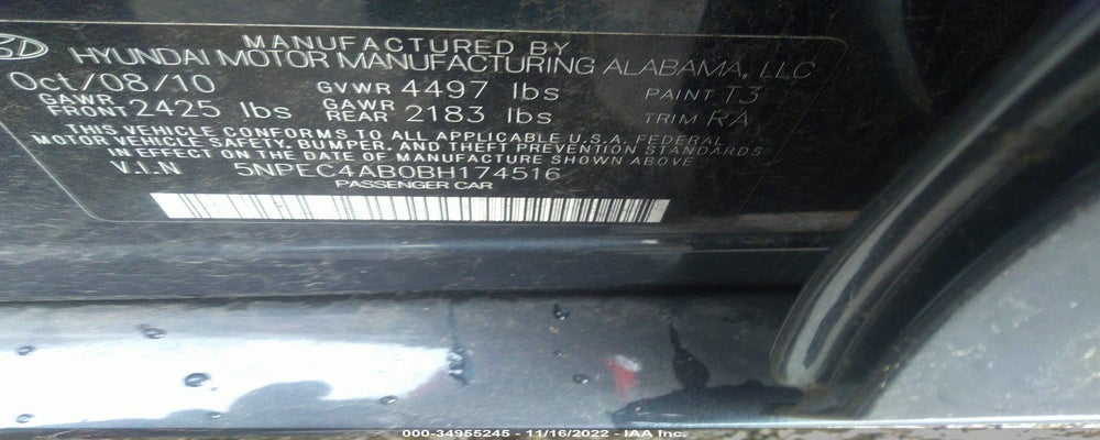 5NPEC4AB0BH174516 2011 HYUNDAI SONATA photo no. 9