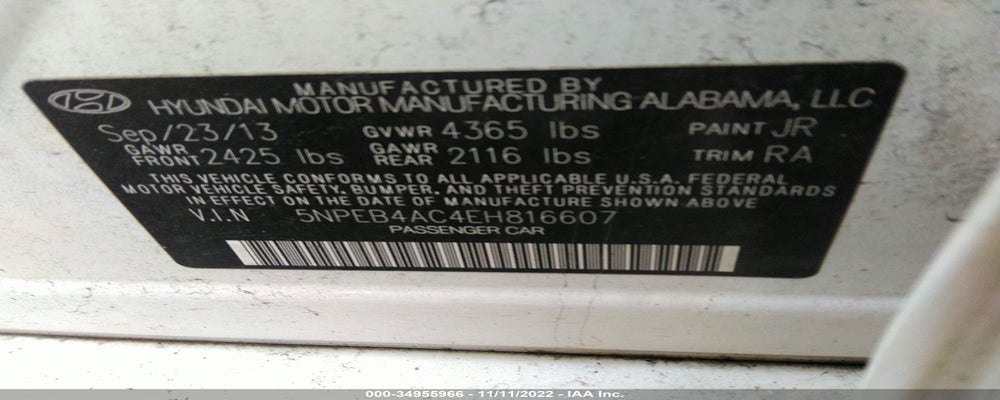 5NPEB4AC4EH816607 2014 HYUNDAI SONATA photo no. 9