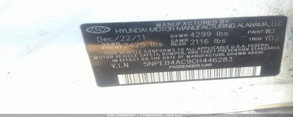 5NPEB4AC9CH446283 2012 HYUNDAI SONATA photo no. 9