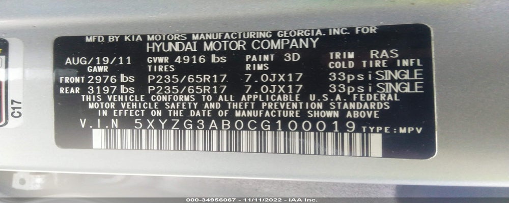 5XYZG3AB0CG100019 2012 HYUNDAI SANTA FE photo no. 9