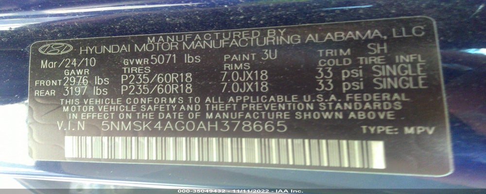 5NMSK4AG0AH378665 2010 HYUNDAI SANTA FE photo no. 9