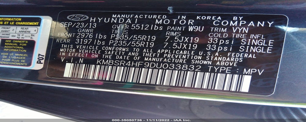 KM8SR4HF9DU033832 2013 HYUNDAI SANTA FE photo no. 9