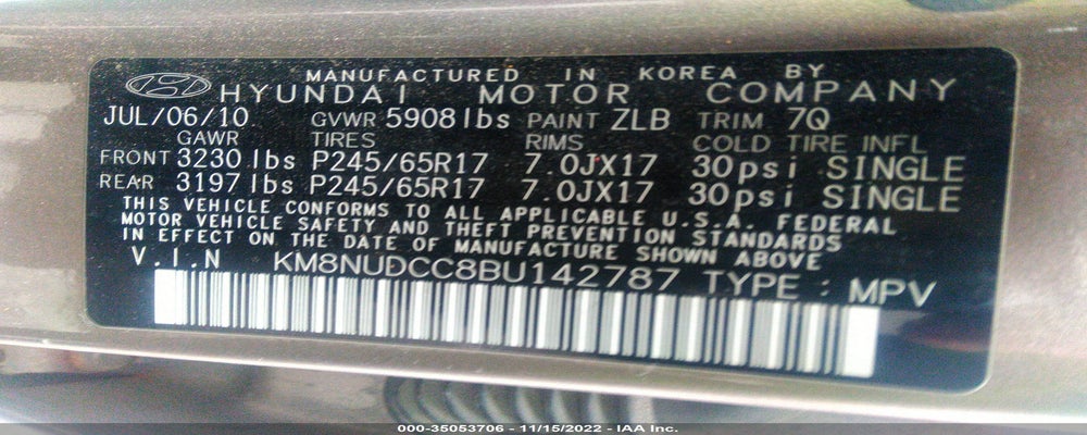 KM8NUDCC8BU142787 2011 HYUNDAI VERACRUZ photo no. 9