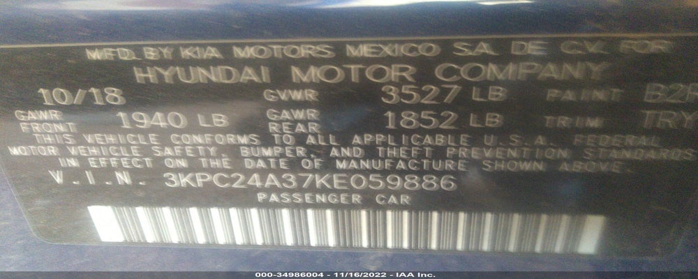 3KPC24A37KE059886 2019 HYUNDAI ACCENT photo no. 9