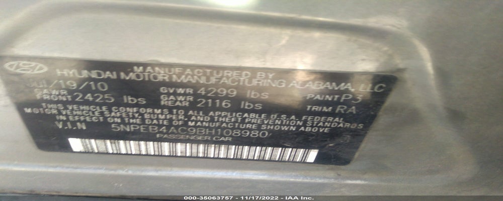 5NPEB4AC9BH108980 2011 HYUNDAI SONATA photo no. 9