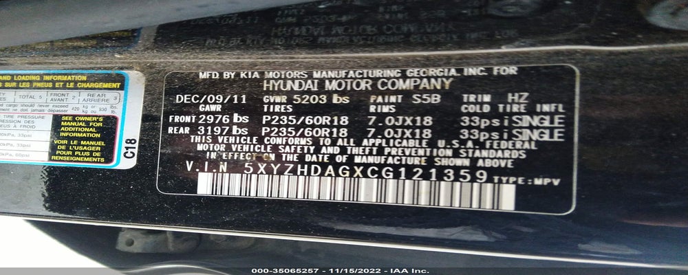 5XYZHDAGXCG121359 2012 HYUNDAI SANTA FE photo no. 9