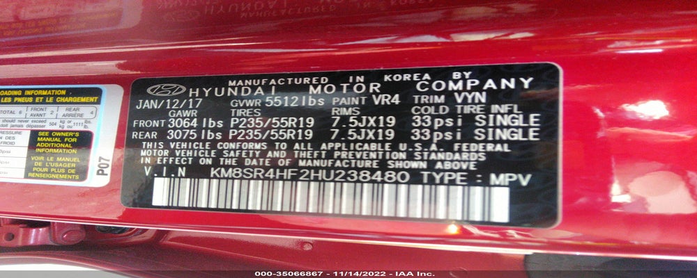 KM8SR4HF2HU238480 2017 HYUNDAI SANTA FE photo no. 9
